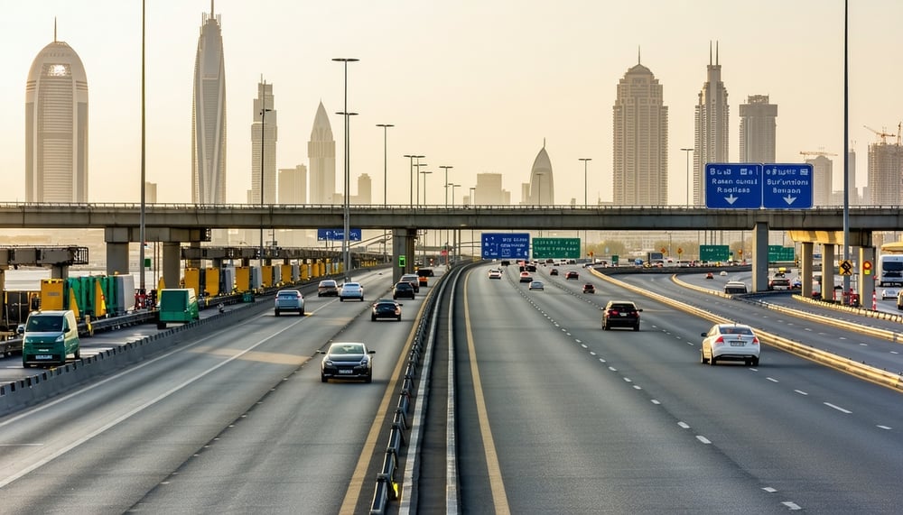 Modern Dubai highway with smooth traffic and advanced toll gates