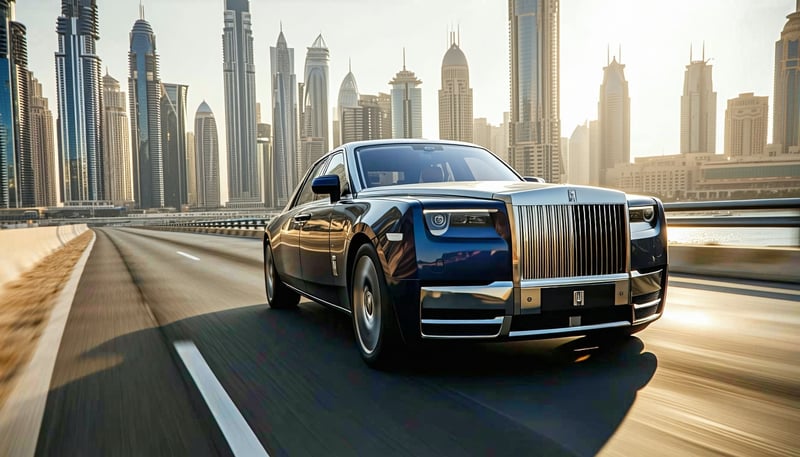 Modern luxury vehicle driving through Dubai skyline